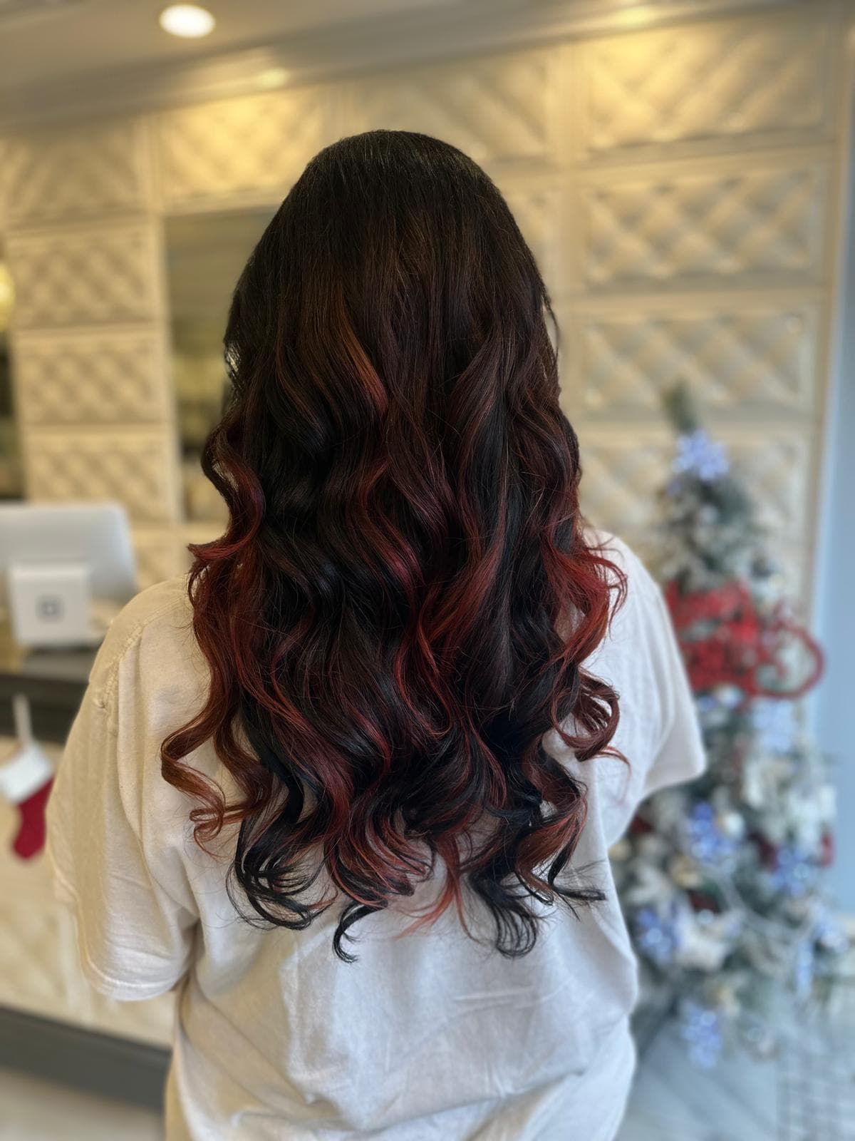 Dark hair with burgundy red highlights — Crystal Beauty Salon